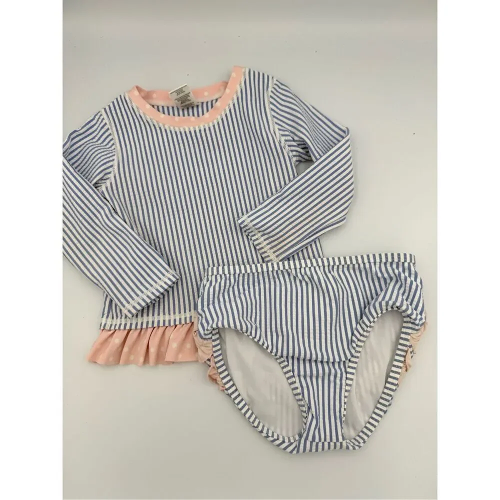 RuffleButts Toddler Girls Periwinkle Seersucker Long Sleeve Rash Guard Bikini Si